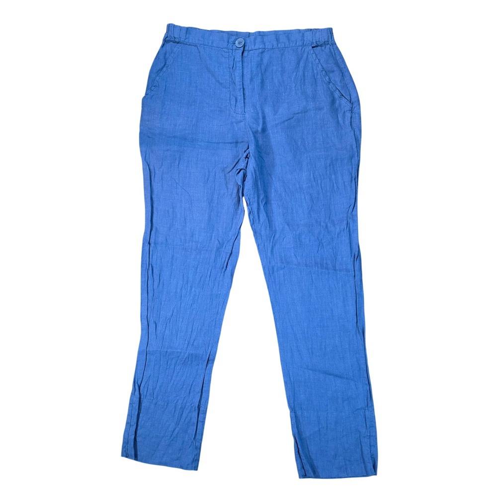 FLAX Women Blue 100% Linen Straight‎ Leg Pants Elastic Waist Size S